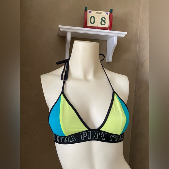 Victoria Secret PINK Swim Bikini Top XS Teal Yellow Banded Logo Triangle Halter - Picture 2 of 10